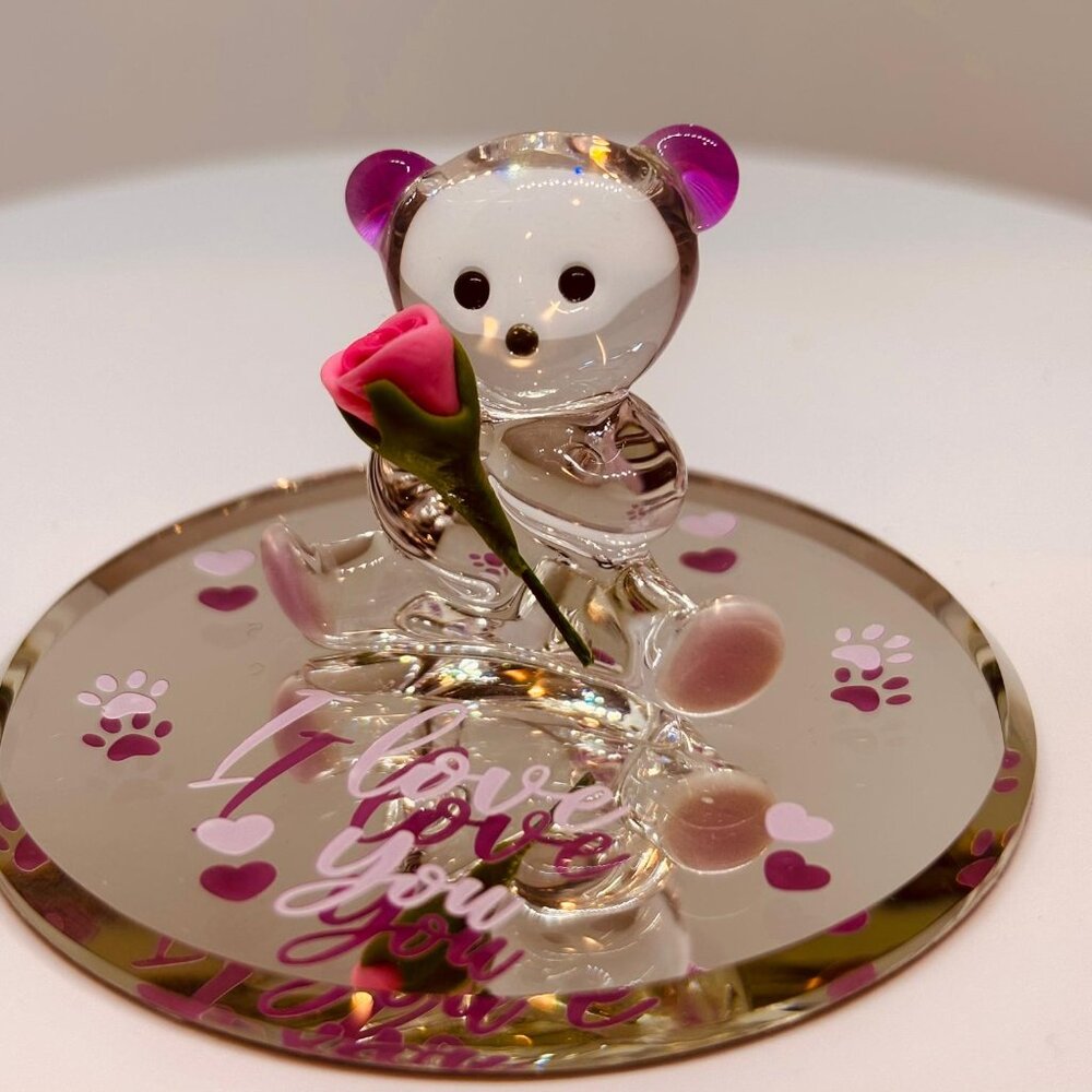 Glass Bear with Rose I Love You Glass Figurine Gift Romance Decor